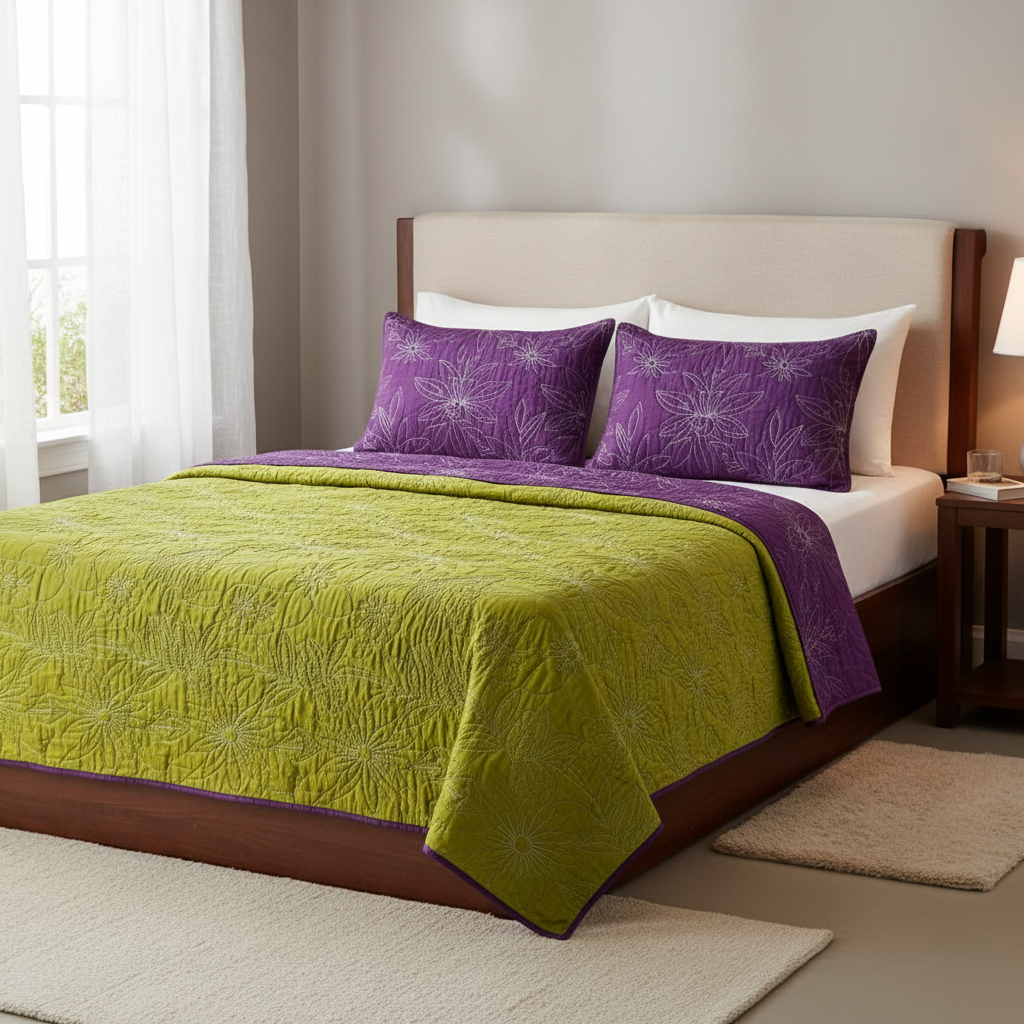 Gemoetrical Art Bedspread Pear Green and Purple